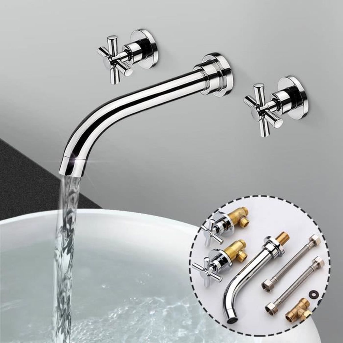 AVANC Robinet Mitigeur Lavabo 3 Trous Mural Monté Laiton Chromage Pour ...