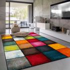 Paco Home Tapis Salon Chambre Poils Ras Abstrait Geometrique Carreaux Gris Jaune Rouge 160x230 cm