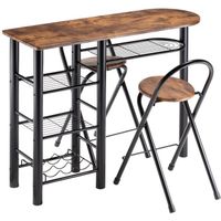 Ensemble STYLE avec table haute de bar et 2 chaises, strucutre en métal noir et MDF décor brun rustique