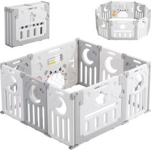 PARC BÉBÉ Parc bébé Plastique Pliable 10 panneaux(8+2), Barrière de Sécurité pour Enfants,Bébé Centre d'Activités,Gris et Blanc