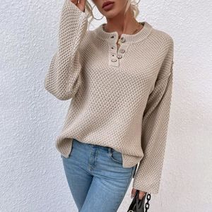 PULL Pull Femme Hiver Tricot Col rond avec boutons Manches longues Chaud - Kaki