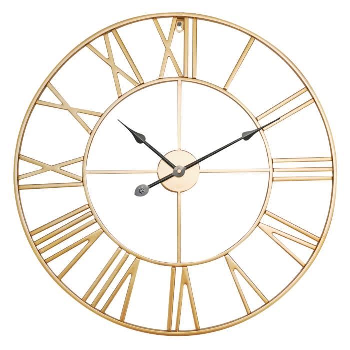 Grande Horloge Murale - Mecanisme Quartz Silencieux - 80cm de Diamètre - Chiffres Romains - Style Vintage - Métal - Or