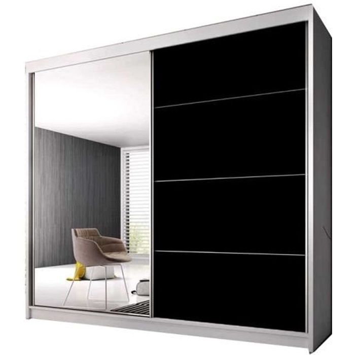 Armoire de Chambre avec 2 Portes coulissantes - Penderie (Tringle) avec étagères (LxHxP): 183x2180x61 Ben 31 (Blanc/Noir+ Miroir)