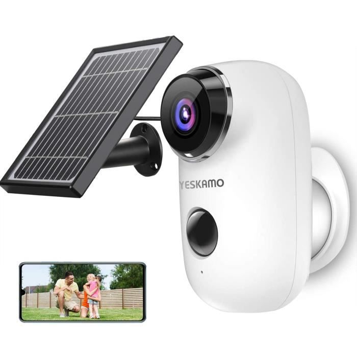 YESKAMO Caméra de Surveillance sur Batteries Extérieure/Interieur sans Fil HD 1080P Caméra IP WiFi avec Panneau Solaire Détection de