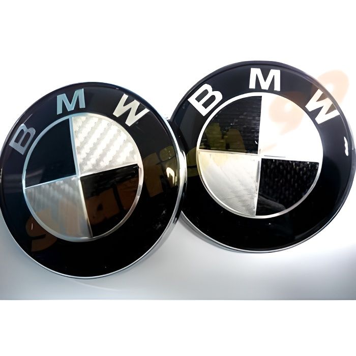2 logos badges emblème BMW 82mm capot / 74 mm coffre effet carbone noir blanc
