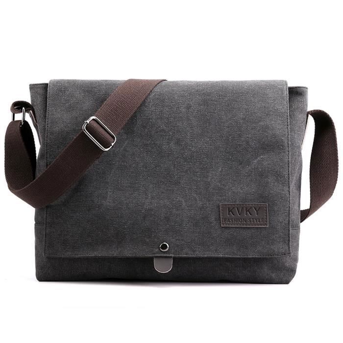 Sac besace homme bandouliere vintage en toile pour Voyage Loisir Bureau Quotidien Ecole Noir