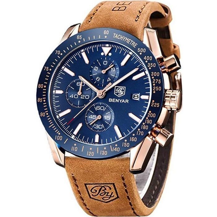 Benyar étanche chronographe Montres Homme Mode décontractée Sangle de Bande de Cuir Montre Bracelet (Marron Bleu) 5105