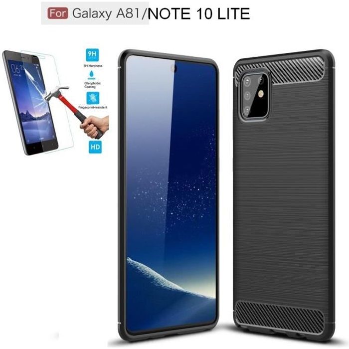 Coque Samsung Galaxy Note 10 Lite / A81 Carbone Noir + Film Verre Trempé Housse Etui En Silicone Gel Souple hfs-house®