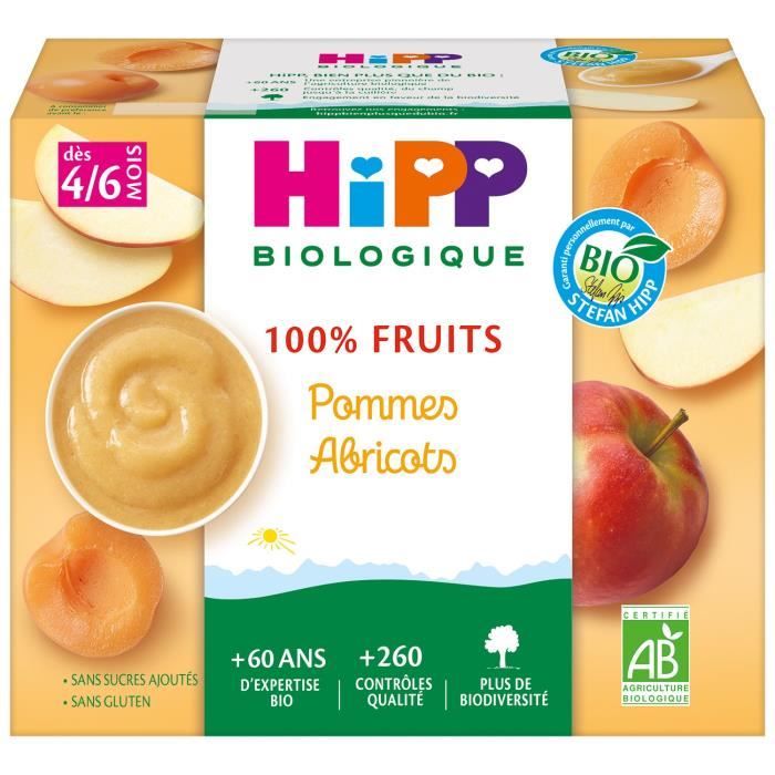 HIPP BIOLOGIQUE 100% fruits Compote Pommes Abricots - 4x100 g - Dès 4/6 mois