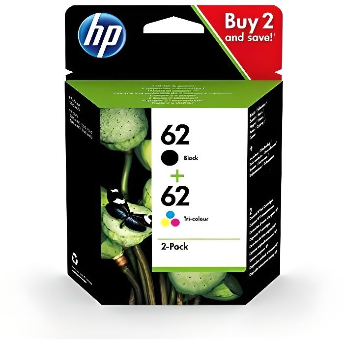 HP 62 N9J71AE Pack d'Une Cartouche Authentique d'Encre pour Imprimantes HP Envy 5540-5640-7640 Noir et Une Cartouche T N9J71A