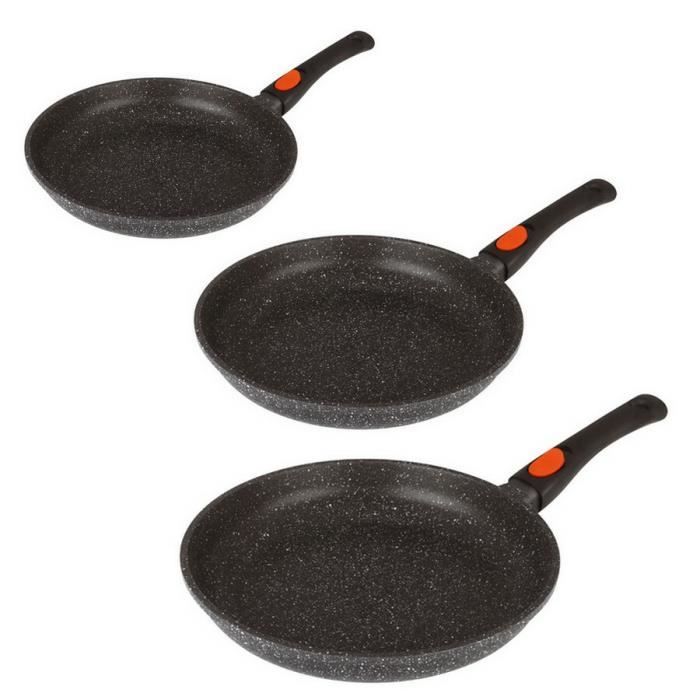 Lot de 3 poêles en pierre 28-24-20 cm avec manches amovibles - KAMBERG - Les poêles en pierre possèdent un revêtement anti-adhére...