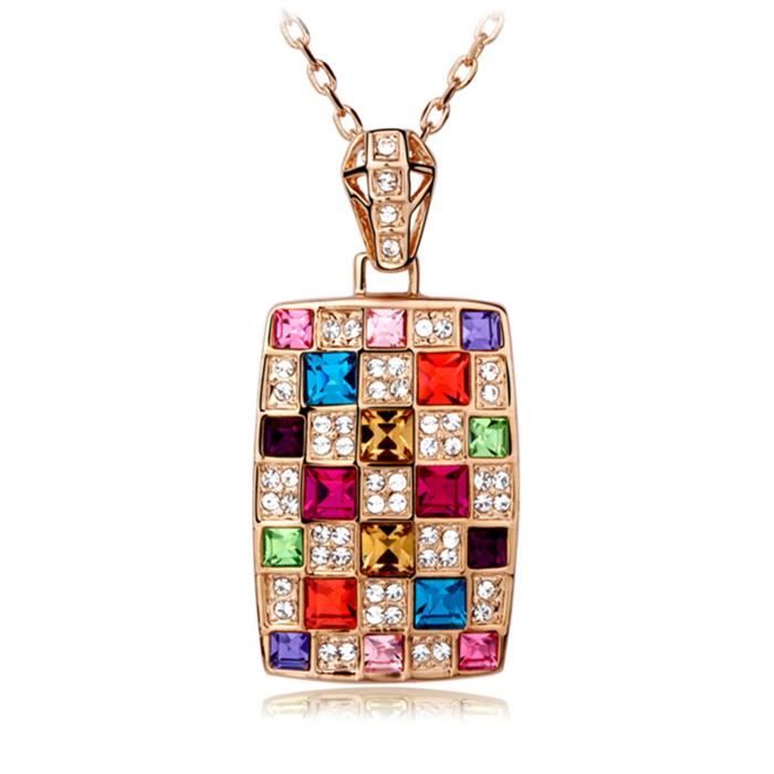 LCC® Collier/pendentif femme doré multicolore Cristal Swarovski plaqué Or -verre carré diamant strass Cadeau Tendance classique