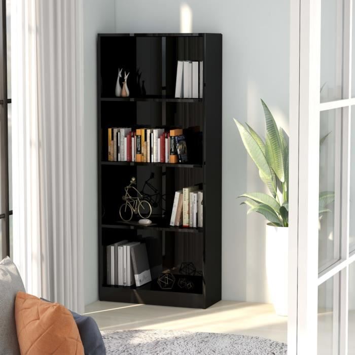 Bibliothèque à 4 niveaux Noir brillant 60x24x142 cm Aggloméré