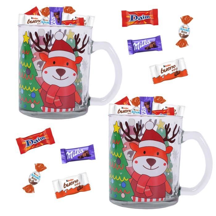 2 tasses en verre Renne et Père Noël garnies de 25 chocolats de Noël