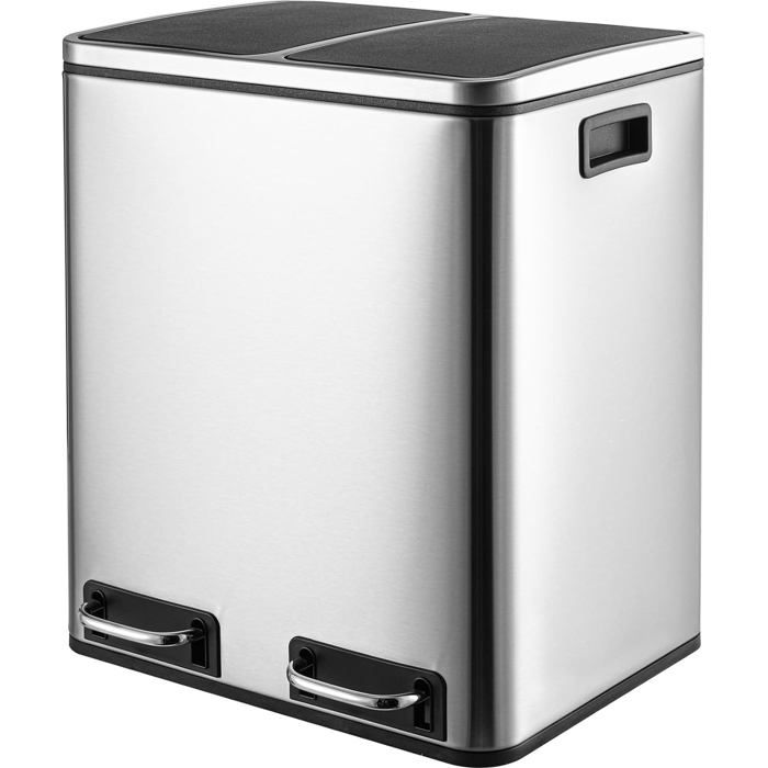 Casabel Poubelle Tri Selectif 60l – 2x30l Acier Inox Noire, Double Compartiments, Pédale, Bacs Amovibles, Couvercles Silencieux 2x30l, Acier Inox Noir