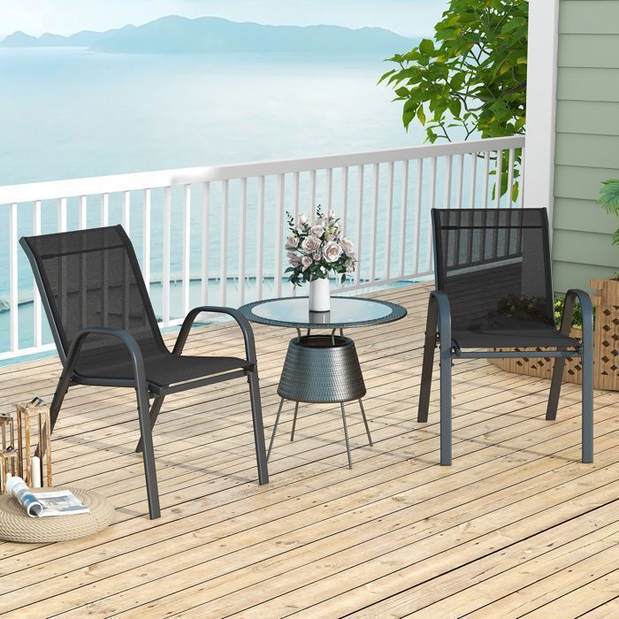 COSTWAY Lot de 2 Chaises de Jardin Tissu Respirant Chaises à Manger Empilables avec Accoudoirs pour Patio Terrasse Porche Noir