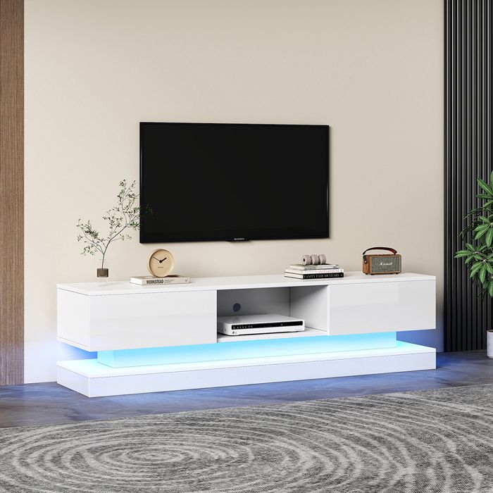 Meuble TV brillant avec éclairage LED 2 tiroirs contrôle par application design anti-basculement pour téléviseur 60 pouces Blanc