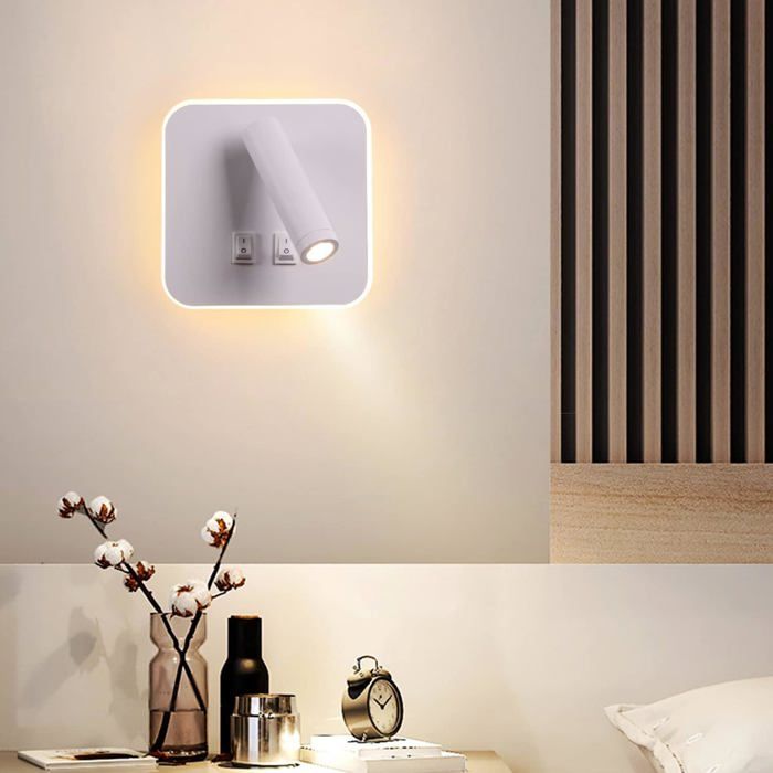 Applique murale LED 13W blanc chaud 3000K - Liseuse 3W + rétroéclairage 10W bras flexible 350°/180° aluminium 14 5x14 5 cm