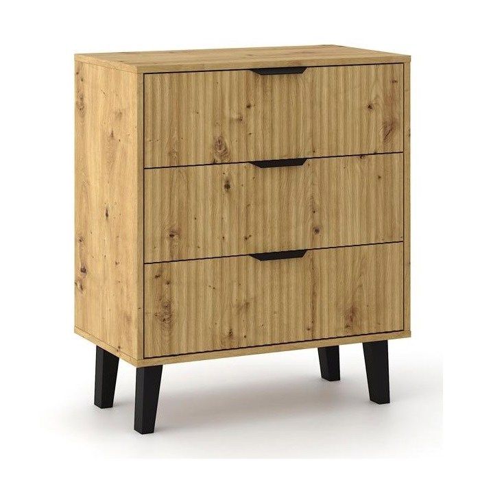 SONIA - Commode 3 tiroirs façades rainurées style scandinave - 70x39x81.5cm - Meuble de rangement - Chêne