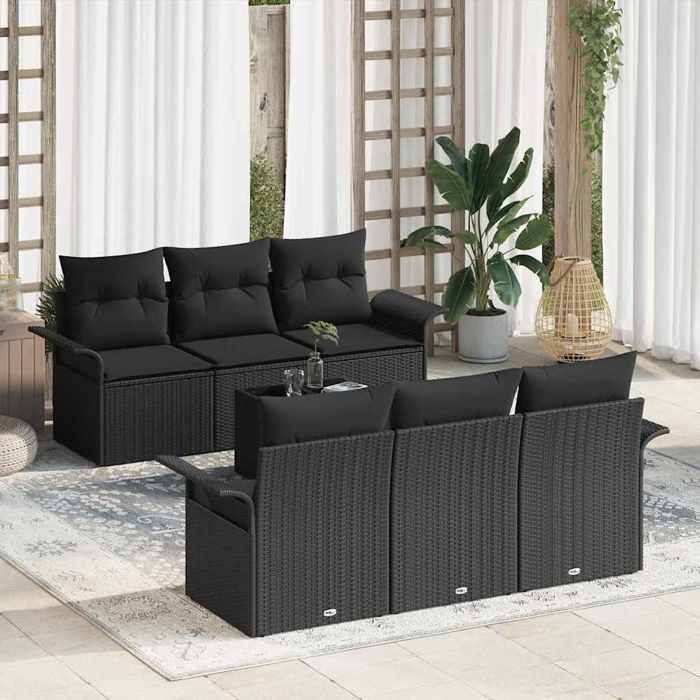 vidaXL Ensemble de canapé de jardin avec coussin 7 pcs Noir polyrotin 3345253