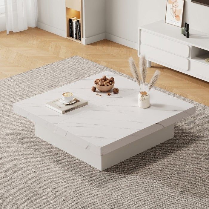 Table basse blanche moderne effet marbre90 x 90 x 25 cm - 4 tiroirs + plateau coulissant - Charge 30 kg - Design épuré salon séjour