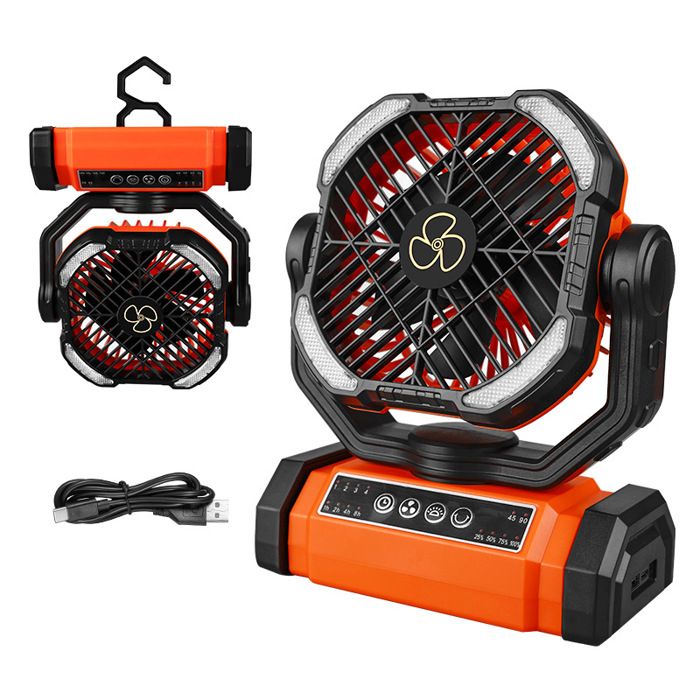 Ventilateur portable rechargeable oscillation à 90° rotation à 270° grand ventilateur à piles avec lampe LED et crochet. - Dok