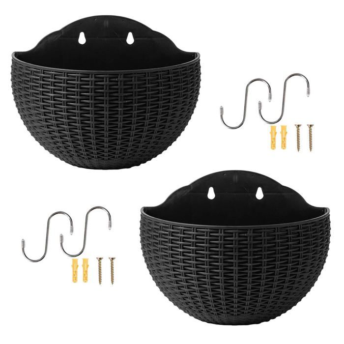 Lot de 2 Pots de Fleurs muraux en Imitation rotin pour dextérieur Demi-Cercle avec Trou de Drainage et Crochets Support de