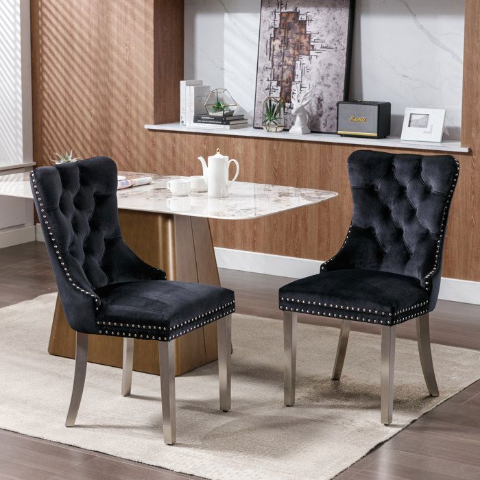 Lot de 2 Chaise de Salle à Manger en Velours - Chaise de Salon avec Pieds Chromés en Acier Inox - Garniture à Clous - Noir