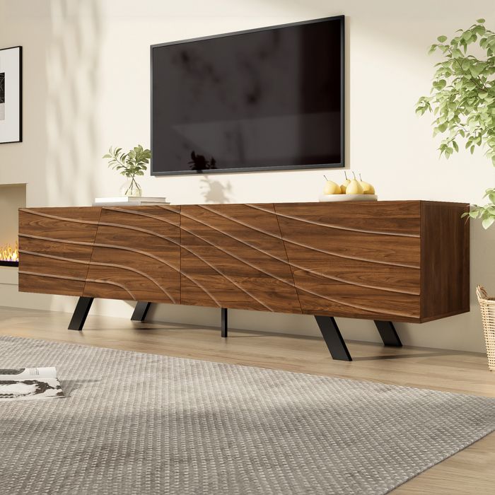Meuble TV moderne - MODERNLUXE - 160x39x50 5 cm - 4 portes ondulées - Pieds en fer - MDF - Marron