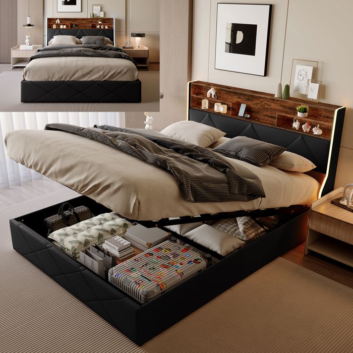 Lit coffre 140x200 cm avec LED et USB - Lit double avec espace de rangement - Lit 2 Personnes avec Sommier à lattes - PU noir