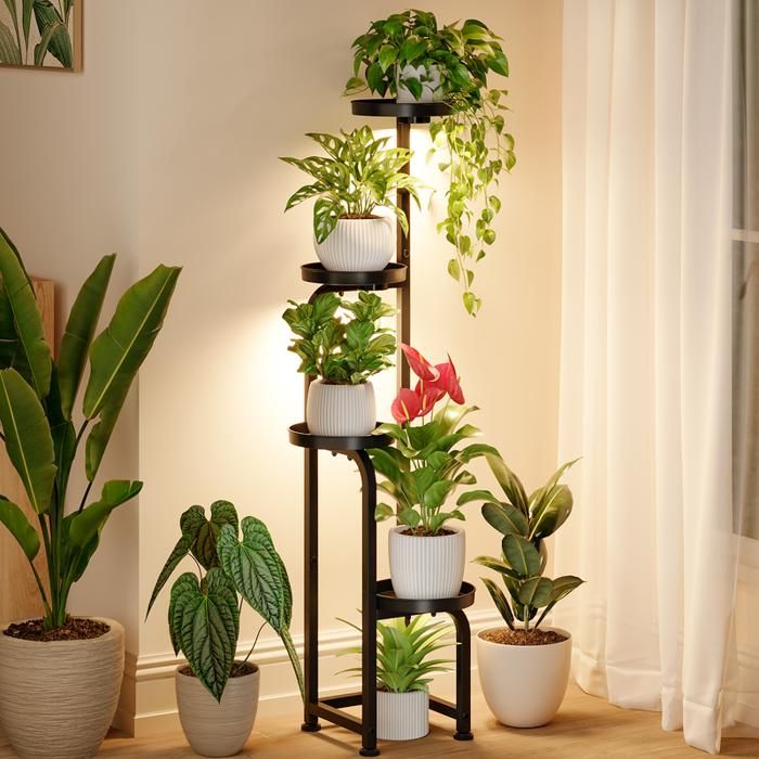 Support Plante - BAMWORLD - Étagère spirale 4 niveaux - Métal noir - Lampes magnétiques spectre complet - Plateaux perforés