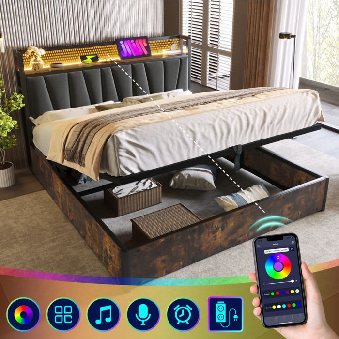 Lit coffre adulte 180x200 cm. double rembourré. LED + fonction de charge USB. lin. sans matelas. gris+marron