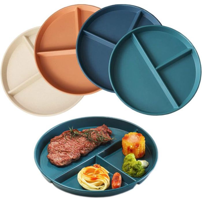 22CM Lot de 4 Assiette Plate Incassable avec 3 Compartiments Assiette à Dîner Divisée Allant au Micro-ondes et au Lave-vaisselle A