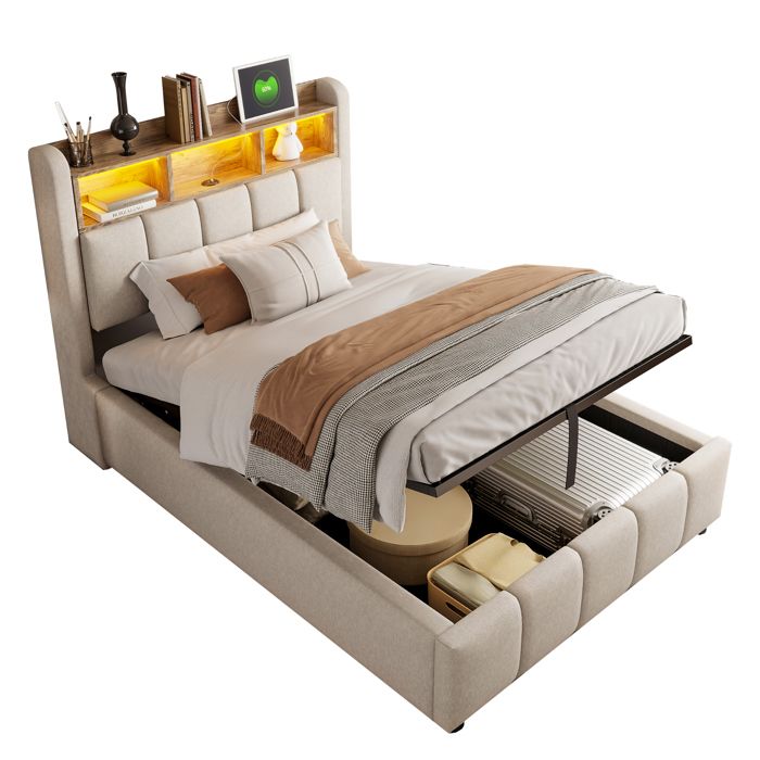 Lit Coffre Ado 90×200 cm avec Tête de Lit LED USB et Rangement Pratique - Beige