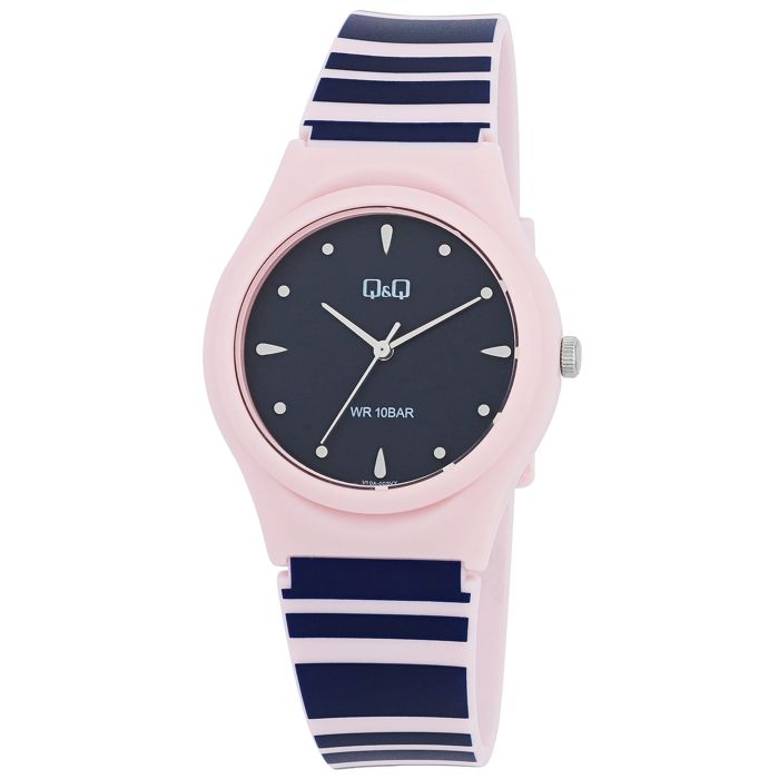 Montre - Q&Q - Modèle Q&Q - Bracelet silicone rose - Cadran bleu - Étanchéité 10 ATM
