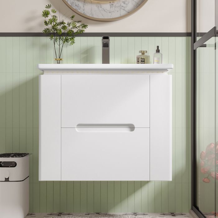 Meuble Vasque Suspendu Salle de Bain Blanc 60x46x48.5 cm avec LED Radar 2 Tiroirs et Vasque Céramique Intégrée