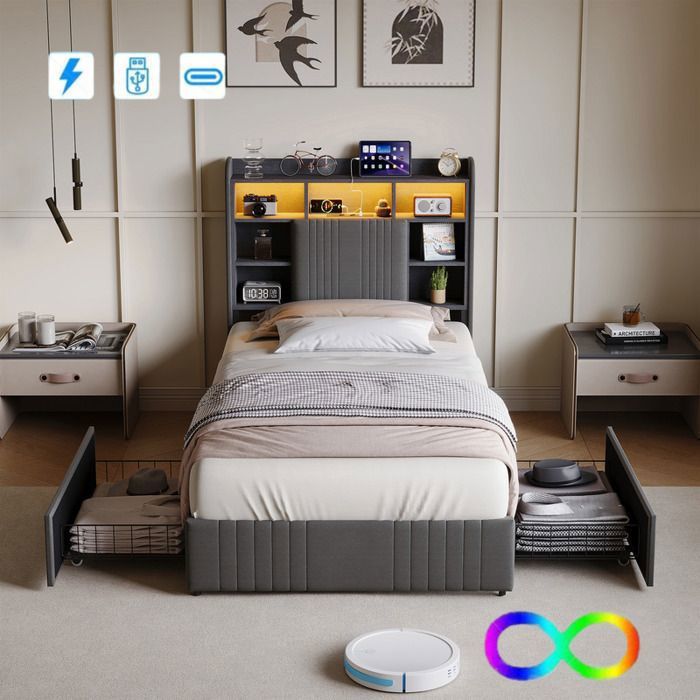 ADWOLT cadre de lit 90x200 cm 2 tiroirs LED intégrée USB et Type-C rangement de chevet Tissu en lin Gris