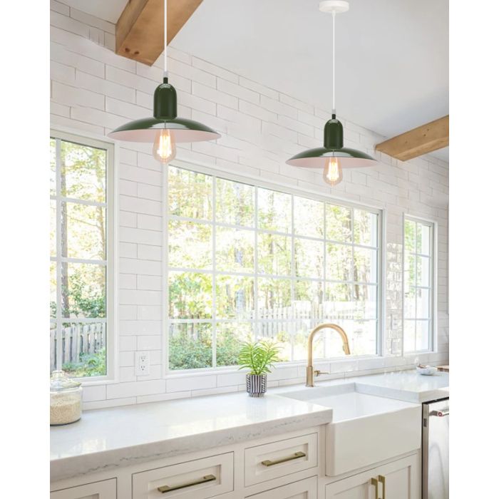 iDEGU 2x Lustre Moderne Salon Vert E27 Suspension Luminaire Industriel Vintage Abat-jour en Métal Designe Chapeau pour Chambre Cafes