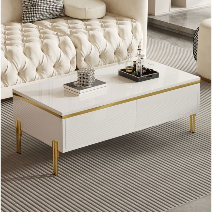 Table basse blanche 100 x 50 x 36 cm surface brillante 2 tiroirs pieds métal doré