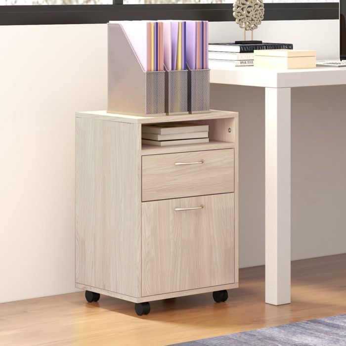 MOTHINESSTO2133-Caisson de bureau à roulettes avec tiroir placard et niche pour documents et dossier suspendu 40 x 35 x 60 cm chêne