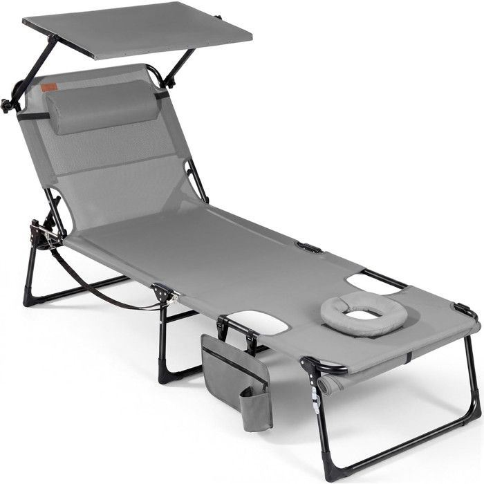 HOMECALL Bain de soleil chaise longue transat pliable avec ouverture faciale dossier réglable pare-soleil Coussin Gris