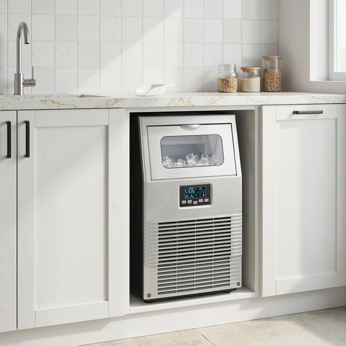 Machine à glaçons commerciale argent avec éclairage LED affichage lisible et pelle incluse