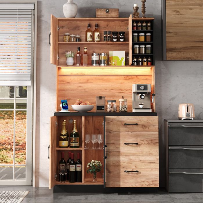 Meuble rangement colonne de cuisine avec plan de travail LED prises USB et EU noir décor bois 105 x 180 cm ORVRYN