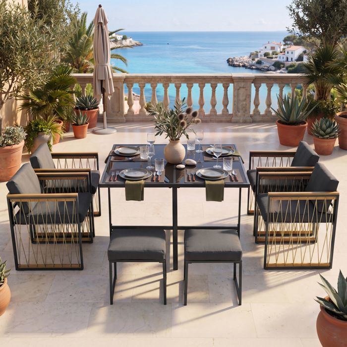 Ensemble repas de jardin 7 pièces pour 6 personnes table carrée 117 x 117 cm verre trempé noir