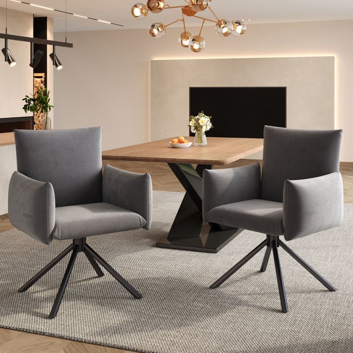 JOINERY chaise fauteuil pivotant lot de 2 360 degrés velours gris avec accoudoirs dossier ergonomique pieds métal stables