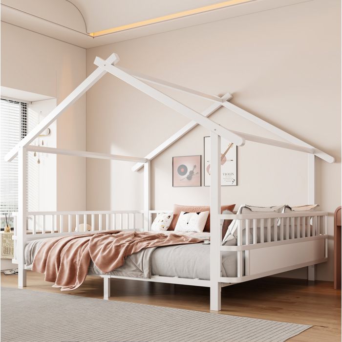 MEUBLIV Lit cabane enfant 140 x 200 cm en métal blanc avec barrières de sécurité et toit décoratif