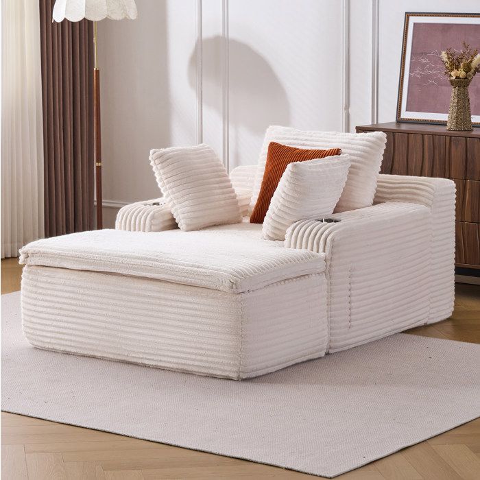 Méridienne de sol 1 place sans montage avec porte-gobelets - ELVMI - 3 coussins couverture 2-en-1 velours côtelé beige