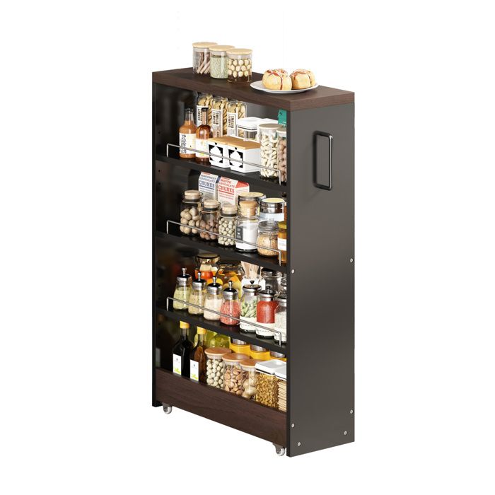 Chariot de rangement slim sur roulettes – 20 cm – 4 étagères réglables – noir et aspect bois brun 55 x 20 x 85 cm