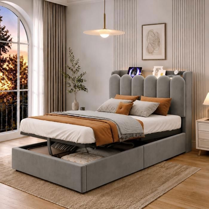 Lit Enfant Place 90x200 -Lit Coffre Hydraulique Avec Tête De Lit Rembourrée -Lit Velours Doux Éclairage LED Et USB Type-C -Gris