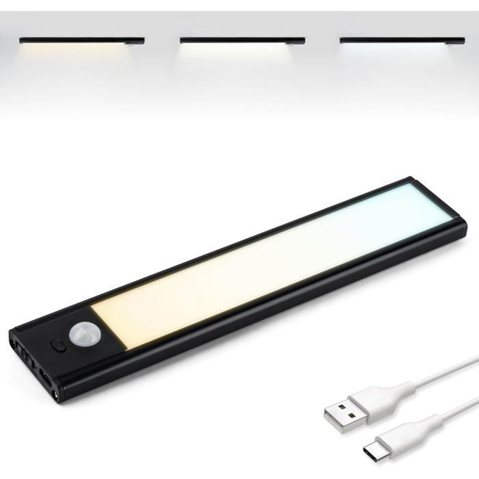 Led Armoire Detecteur Mouvement Reglette Led Rechargeable USBC 3 Températures de Couleur LED Noir 1 pièce 1 piè LAMPE A POSER